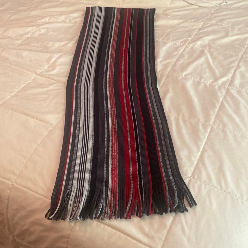 HICKIE FREEMAN Grey Red Striped Scarf Merino Wool Fringed Men's One Size